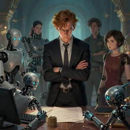 jobless artist is angry that robots took away his job, tragic, elegant, fantasy, hd shot, digital portrait, beautiful, artstation, comic style, by artgerm, guy denning, jakub rozalski, magali villeneuve and charlie bowater