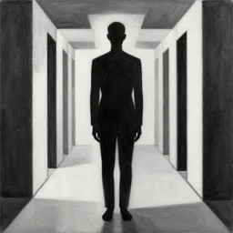 a solemn simulacrum, standing inside an infinite corridor, trending on artstation, abstract black and white painting, masterpiece, a solemn simulacrum