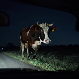 a cow flying at night, car point of view, creepy