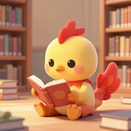 a cartoon digital art showing a cute small phoenix reading a book in a library raytracing