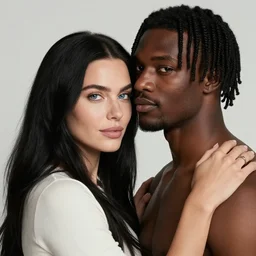 a gorgeous assiniboine woman with blue eyes and long black hair hugging a handsome black 👨🏿🦱 man with short black dreads and hazel eyes, white background, cinematic lighting, artstation, trending, highly detailed, focus, smooth, by studio ghibli, rossdraws, hirohiko araki, conrad roset, yoshitaka amano