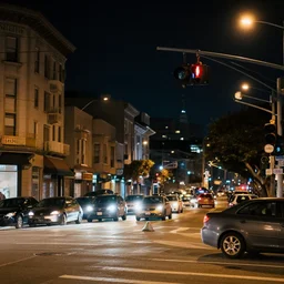 streetphotography of traffic light in san francisco at night, cars in foreground