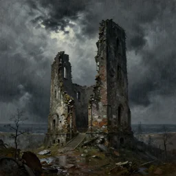 weathertop ruins, rain, lonely, fantasy, oil painting, Zdzisław Beksiński