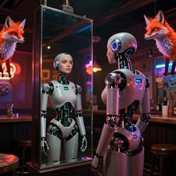 robot staring at her reflection in a mirrored monolith, from 2 0 5 5, in a tiki bar, volumetric lighting, surrounded by neon foxes, low - light photograph, in the style of jack bridgeland