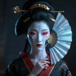 a hyper realistic stunningly cyborg geisha, covering face with a intricate sci - fi cyber fan, dark moody backlighting, ray tracing, octane render,