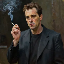 oil painting of film still of steve buscemi smoking a cigarette in blade runner, 4 k