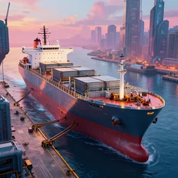photo of Colossal industrial futuristic cargo ship arrives at cyber punk city sea port, cinematic lighting, vibrant colour scheme photo