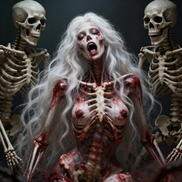 extremely beautiful panting of goddess of the realm of the dead, half woman half skeleton, covered with blood, surrounded by skeletons, extremely high detailed face, long white hair, thick body, true anatomy, artstation, unreal engine 5, octane rendered, by ilya kuvshinov, greg rutkowski and makoto shinkai, trending on artstation