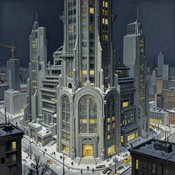 A hyper-detailed, ultra-detailed, full-color photorealistic mixed media painting of a polluted futuristic cityscape with intricate, perfe4ctly symmetrical art nouveau infrastructure and architecture at night in the winter, bill sienkiewicz illustration with slight spraying from 1984, Travis Charest, Stephen Gammell