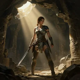 Tomb Raider in the Anubis crypt, dramatic lighting, sun shines through the cracks. Concept art, ArtStation.