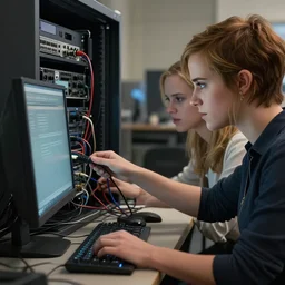 matte painting, an it guy who is plugging a girl through cables to a computer and it cabinet. the girl looki like a mix of emma watson and scarlett johansson and nathalie portman, very details, cinematic render, by david rutkowski, by artgem