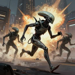 matte painting of extraterrestrial cyborgs running from robot warriors in a futuristic city, in the style of greg rutkowski and remedios varo, digital art, explosive lighting