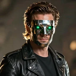 a man with a metal mask, glowing green eyes, black leather jacket, movie still