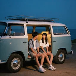 teenage couple sitting beside classic chevrolet g20 conversion van by the sea at night