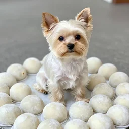 white yorkie sitting in a pile of mochi, realistic, hd