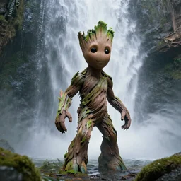 photorealistic wide shot of Groot under waterfall, octane render, unreal engine 4k, volumetric light, fog, detailed