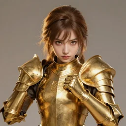 gloden armor, portrait, armor girl, one cute face, fight, battle, beautiful eyes and face, high detail, concept art, digital art, art of greg rutkowski, trending on artstation, trending on deviantart, 4 k,