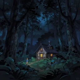 cold dark night, alone small house in forest, studio ghibli, pixar and disney animation, science fiction, cyberpunk, sharp, disney concept art illustration by mandy jurgens and alphonse mucha, dynamic lighting