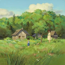 landscape by miyazaki, pixar oil painting