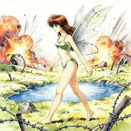 beautiful, limping fairy, walks across the battlefield toward an oasis, barb wire, explosions, torn wing, watercolor, pen and ink, intricate line drawings, by Yoshitaka Amano, Ruan Jia, Kentaro Miura, Artgerm,