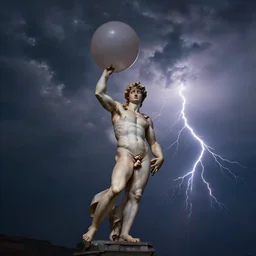 a person with a baloonhead flying in a stormy sky, cinematic, wide angle shot, dramatic lightning, renaissance, michelangelo