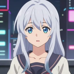 anime fine details portrait of Mizore Shirayuki in front of cyberpunk modern city landscape on the background deep bokeh, close-up view, anime masterpiece by Studio Ufotable, 8k, sharp high quality anime, trending on artstation