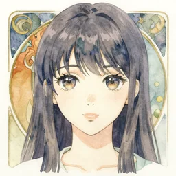 a watercolor portrait illustration by yoshiyuki sadamoto and alphons mucha of a bishoujo as a tsundere highly detailed anime eyes wearing neon one - armed jacket and skirt with a lightning print top, platform heels. by issey miyake and balenciaga 8 k