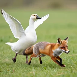 goose being chased by a fox, photorealistic