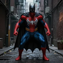 Batman and symbiote Spiderman merged into one character, standing in a dark alley in a menacing pose, art by Korean MMO artists, concept art, trending on ArtStation, extremely detailed, hyper realistic, 8k