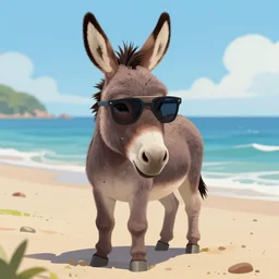 A donkey wearing cool sunglasses at the beach, digital art, in the style of Irina French, artstation