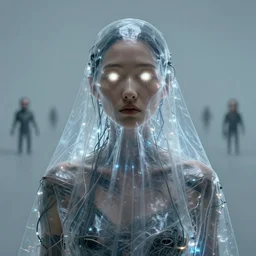 portrait of a woman, covered in transparent cloth, plastic, glowing eyes, flat background, masterpiece, glowing, wires everywhere, by edgar maxence and ross tran, zdzisław beksinski, and michael whelan, distant, gustav dore, h. r. giger, 8 k, octane render