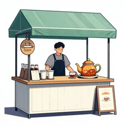 coffee selling tea at a stand in new york, modern times, drawing with color