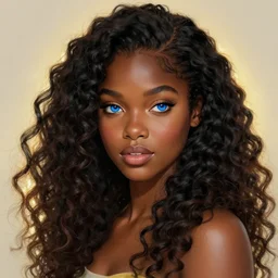 beautiful black girl with long curly hair, blue eyes, cute, intricate, highly detailed, digital painting, trending on artstation, concept art, smooth, sharp focus, backlit, rim light, vivid colors, illustration, unreal engine 5, 8 k, art by rossdraws and alphonse mucha