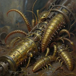 oil painting of disgusting varied filthy brass dentrivores inachidae clawing at machinery by kelly freas, hyper detailed, intricate details, unreal engine render, cinematic, panorama,