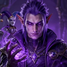 an oil art close up portrait of young tiefling mage with purple magic in style of disco elysium character, bard jester character design from critical role, 4 k, ultra detail, volumetric lighting, unreal engine, octane render
