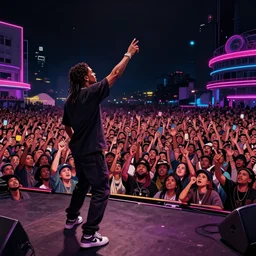 rapper on stage over huge crowd reaching up to him, digital art, vapor wave, hip hop, trending on Artstation, professional artist, detailed, 4k