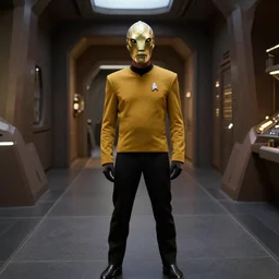 a Klingon standing in a Star Trek Federation hallway,