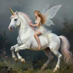 a fairy on a unicorn. highly detailed digital painting by greg rutkowski.