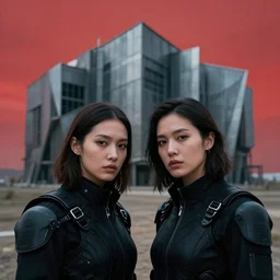 cinestill 5 0 d photograph of 2 women wearing black techwear in front of a brutalist sharp - edged metal building, closeup, on a desolate plain with a red sky, dystopia, cyberpunk, 4 k, 8 k, depth of field, high resolution, realistic faces, hd, raw