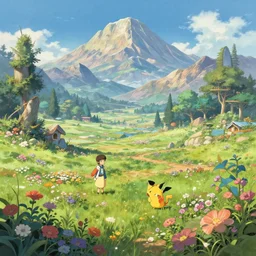 pokemon sword and shield ghibli landscape illustration close floral clearing and mountains in the background, deep focus, d & d, fantasy, intricate, elegant, highly detailed, digital painting, artstation, concept art, matte, sharp focus, illustration, hearthstone, art by artgerm and greg rutkowski and alphonse mucha