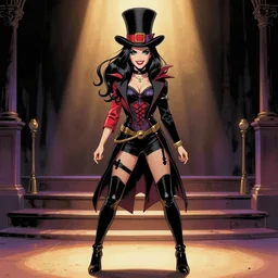 Joshua Middleton comic art, Norman Rockwell, David Baldeon art:: pretty female Anna Kendrick Zatanna DC Comics magician, coy smile, symmetrical face, symmetrical eyes, long black hair with tophat, full body:: on stage::