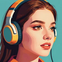 a closeup of a female face with headphones in retro colors 2d digital vector art