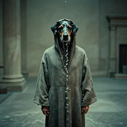 a mana in a robe with the head of a dog, water caustics, film still from the movie directed by denis villeneuve and david cronenberg with art direction by h. r. giger and salvador dali, wide lens