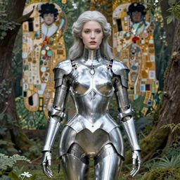a masterpiece ultradetailed digital art of a beautiful girl in masterpiece silver latex armor. no head. proper anatomy. baroque renaissance. in forest. medium shot, intricate, elegant, highly detailed, by stanley artgerm lau, wlop, rossdraws, james jean, andrei riabovitchev, marc simonetti, background by james jean and gustav klimt, light by julie bell, 4 k, porcelain skin.
