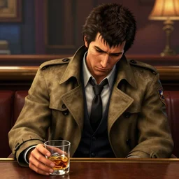 video game still of police detective columbo ( played by young peter falk ) in his messy trenchcoat, sitting sad and alone at a cocktail bar, holding a whiskey glass in the video game yakuza zero. detailed pores