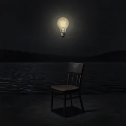 a beautiful matte painting of a single chair under a lightbulb, black water lake, artstation, surreal, black void, claustrophobic, by rembrandt, chiaroscuro