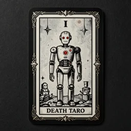 the death tarot card as an I Robot, black paper with ornate border frame, magical, symmetrical, by mario feng, ray tracing, master shot, octane render, 8k, ultra hd, perfect light