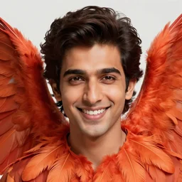 close up portrait, smiling avan jogia as an angel, red orange feathers, alphonse mucha, rhads, ross tran, artstation, artgerm, octane render, 1 6 k