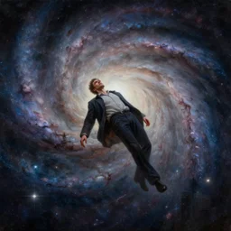 cinematic portrait of a man drifting away in the abyss of a spiral galaxy, oil on canvas, masterpiece, trending on artstation, featured on pixiv, cinematic composition, dramatic pose, beautiful lighting, sharp details, hyper-detailed, HD, HDR, 4K, 8K, art by Tim Hildebrandt and Wayne Barlowe and Bruce Pennington and ruan jia and larry elmore,