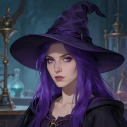 head and shoulders portrait of a witch with purple hair, female, alchemy lab in background, by artgerm